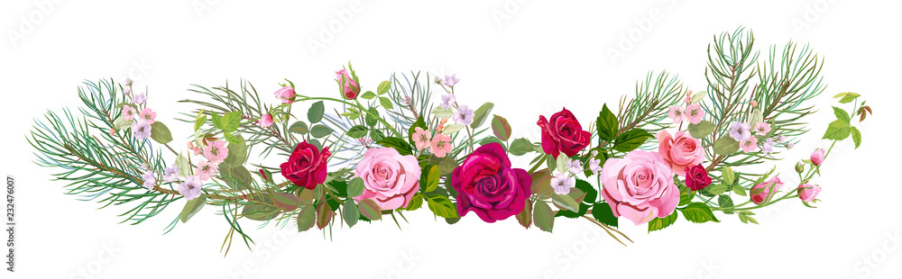 Panoramic view: bouquet roses, spring blossom, pine branches. Horizontal border: red, mauve, pink flowers, green leaves, white background. Digital draw illustration, watercolor style, vintage, vector
