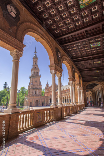 Tower at Plaza de Espana, Spain square, Sevilla architecture and sightseeing, Andalusia, Spain, Europe