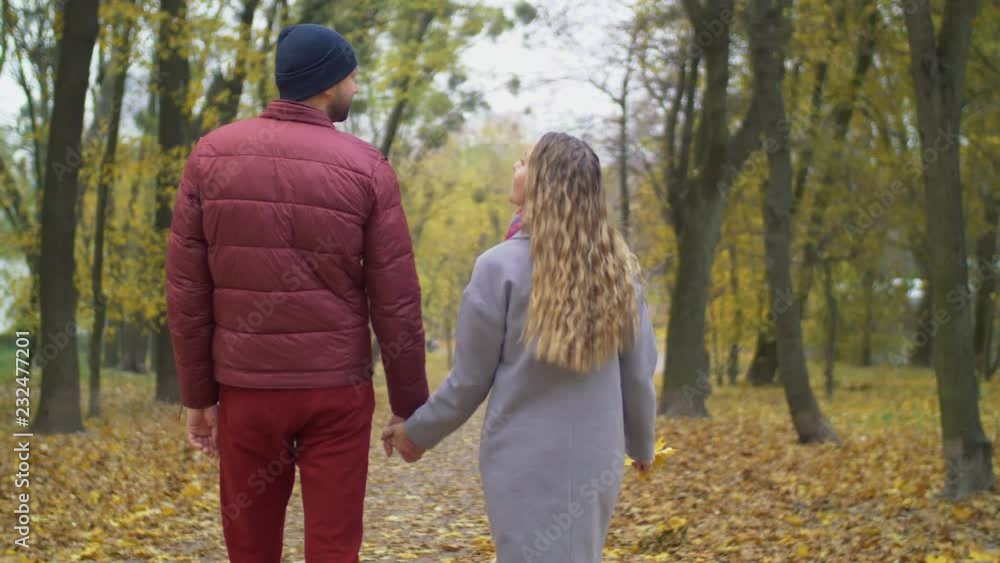 Rear view of romantic couple in love holding hands, taking a walk along park alley in autumn colors. Dating attractive couple enjoying autumn nature and fresh air while spending leisure outdoors. Rear view of romantic couple in love holding hands, taking a walk along park alley in autumn colors. Dating attractive couple enjoying autumn nature and fresh air while spending leisure outdoors.