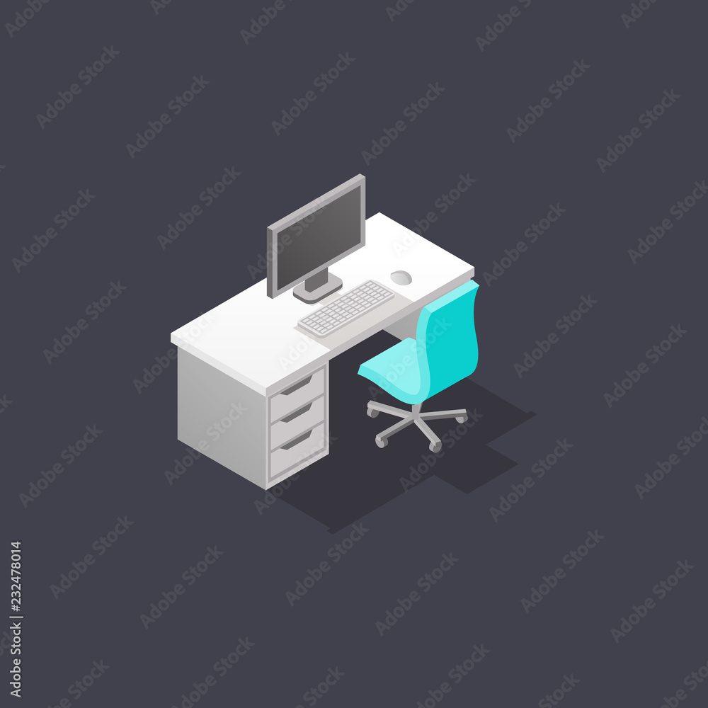 Low poly isometric work place with chair, table, computer, keyboard and mouse Low poly isometric work place with chair, table, computer, keyboard and mouse