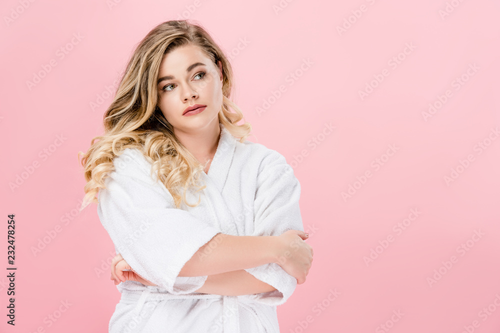 beautiful overweight girl in bathrobe standing with crossed arms and looking away isolated on pink beautiful overweight girl in bathrobe standing with crossed arms and looking away isolated on pink