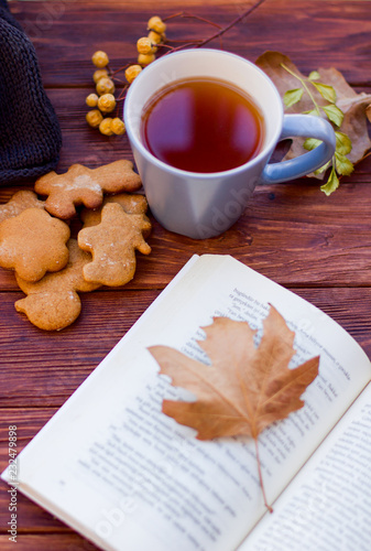 Autumn layout with hot tea with a lemon on a sweater and dry leaves. Brown background.Books. © Viktoriia