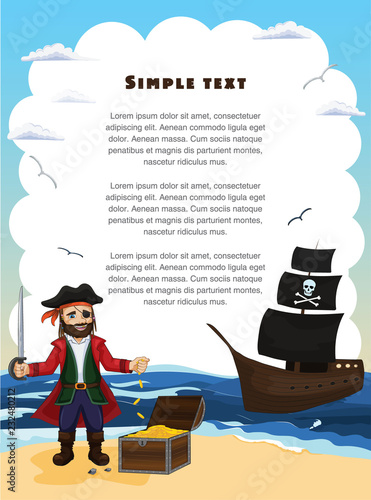 A pirate stands at the chest with gold on the seashore. Pirate ship with treasure in the sea. Template for text. Used as a diploma, invitation, greeting card or greeting for children's holidays.