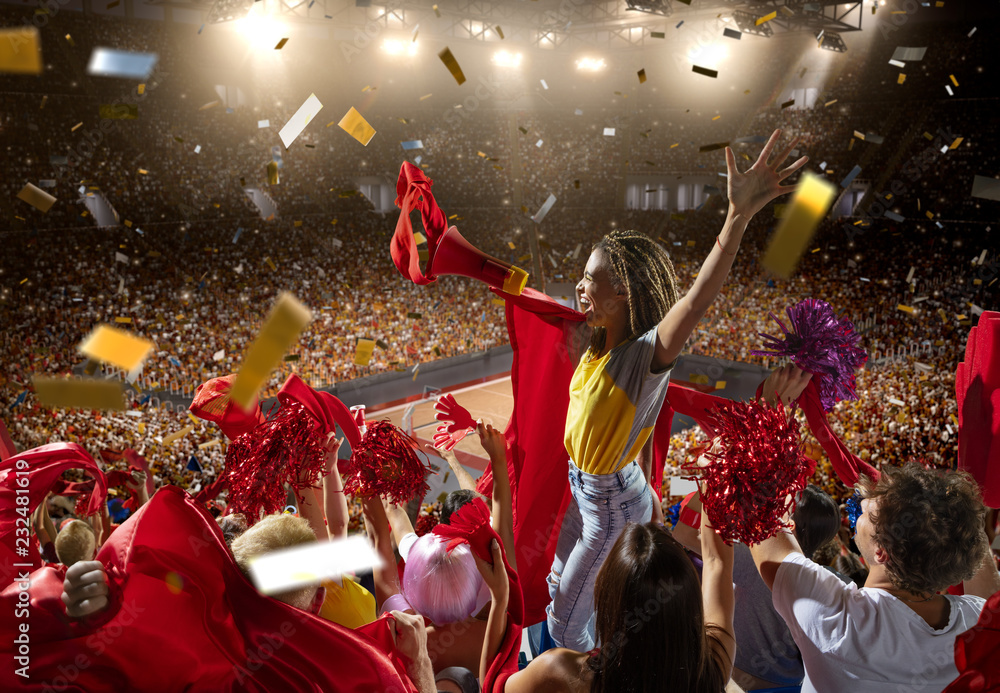 Young sport supporter happy fans at basketball arena. Beautiful black