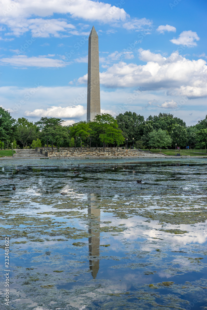Washington Monument with a reflection in a pond
