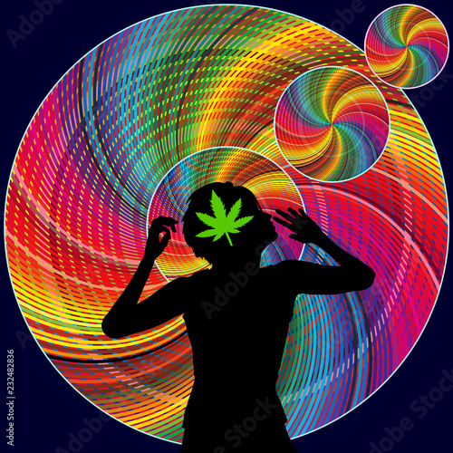 Stimulant and hallucinogenic properties of Marijuana. Woman experiences altered perception and feelings after the use of cannabis