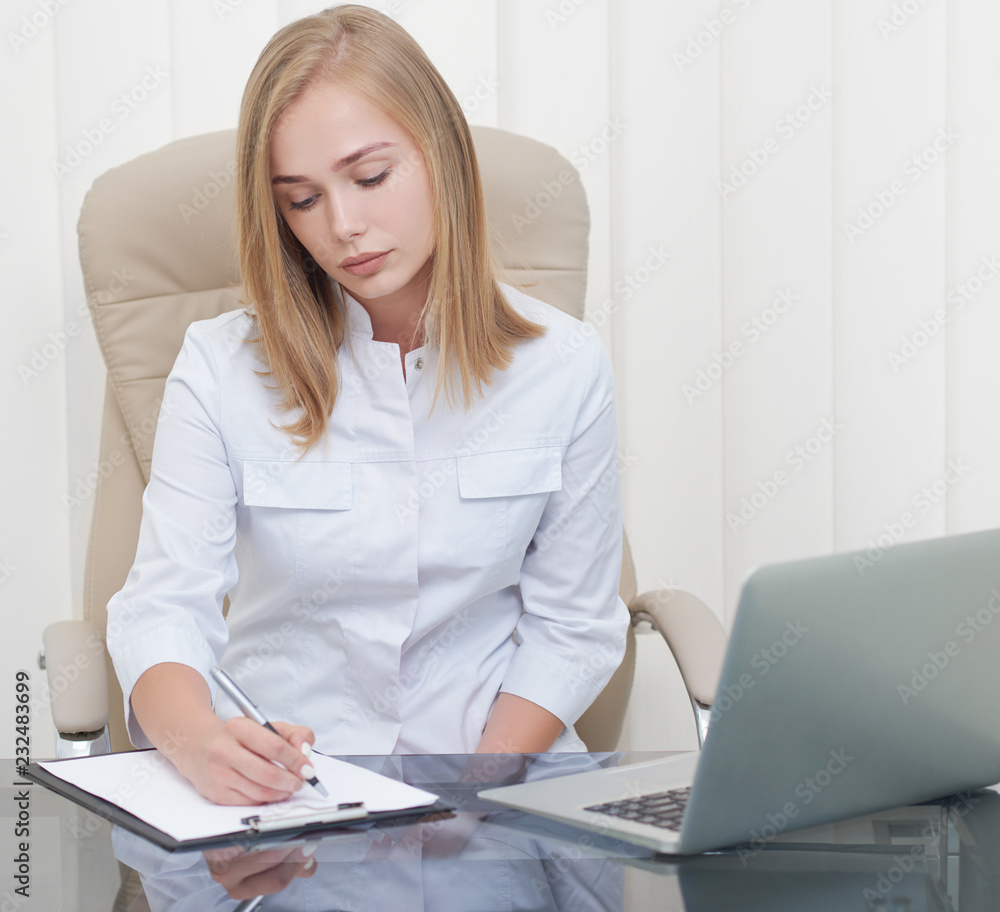 Woman sitting at doctor room and writing diagnosis. Woman sitting at doctor room and writing diagnosis.