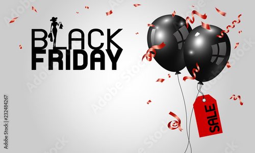 Black friday banner design of balloons with red tag and ribbon vector illustration