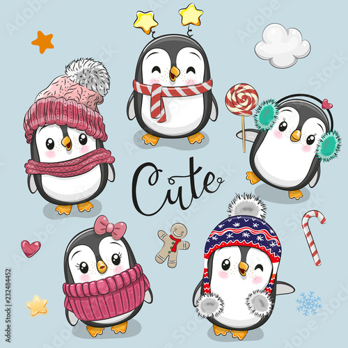 Set of cute cartoon Christmas Penguins