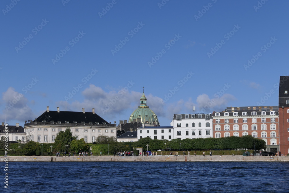 Panoramic View to the haven of Copenhagen with the Frederik's Church in the background, Denmark