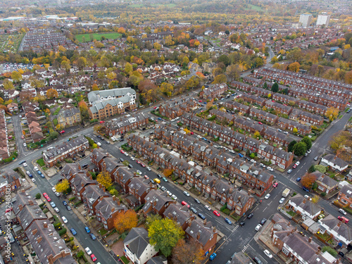 Aerial photo of a typical town in the UK showing rows of houses, paths & roads, taken over Headingley in Leeds, which is in West Yorkshire in the UK. photo