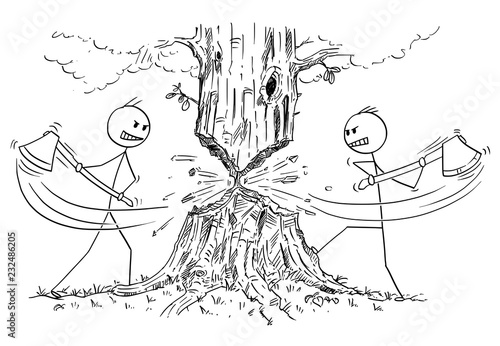 Cartoon stick drawing conceptual illustration of two lumberjacks with ax or axe who are rejecting cooperation and cutting down tree from opposite sides instead. Business concept of competition and