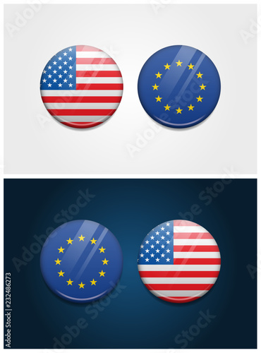 United States of America USA and Europe Round Flags
