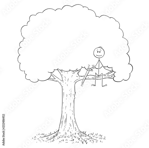 Cartoon stick drawing conceptual illustration of man with saw on tree cutting down the branch he is sitting on. Business concept of mistake and failure.