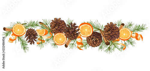Realistic Botanical ink sketch of colorful fir tree garland with pine cone isolated on white background. Good idea for design templates invitations, greeting cards