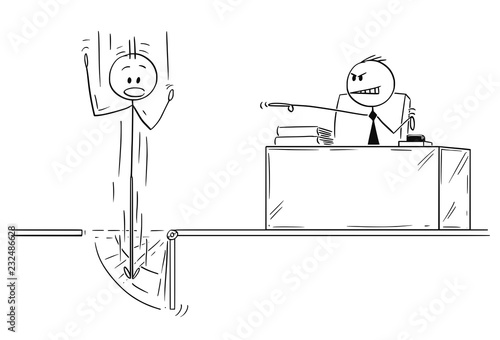 Cartoon stick drawing conceptual illustration of employee who is fired or dismissed from work by his boss and is falling though trapdoor activated by manager.