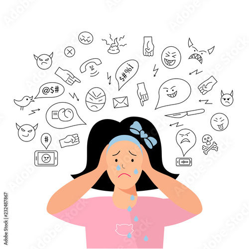 Vector illustration, a teenage girl is crying. Cyberbullying, trolling concept. Social network media community technology problems. Flat and line style.