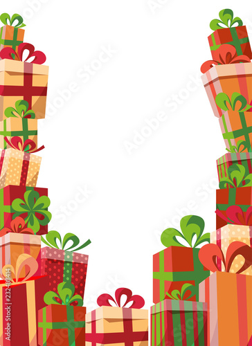Framing of gift boxes gift boxes. Mountain gifts from three sides. Beautiful Christmas present box with bow. Vector template of magazines, posters, book cover .Gifts around ad. Shopping sale banner