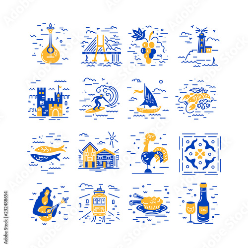 Vector icons set of Portugal symbols. Flat and line style design.