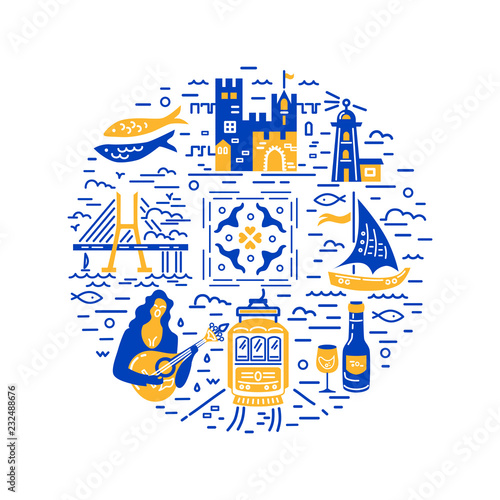 Circle with Portugal symbols. Vector illustration. Flat and line style.