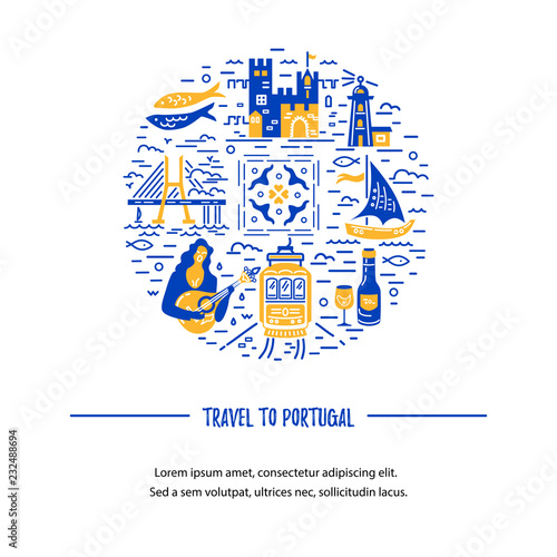Template with Portugal symbols circle. Vector illustration. Flat and line style.