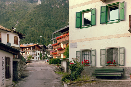 Beluno, Italy August 9, 2018: Auronzo di Cadore mountain village. Houses on the mountains. © makam1969