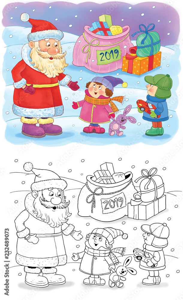 Christmas. New Year 2019. Year of Pig. Greeting card. Coloring page. Cute and funny cartoon characters