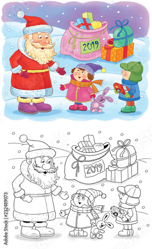 Christmas. New Year 2019. Year of Pig. Greeting card. Coloring page. Cute and funny cartoon characters