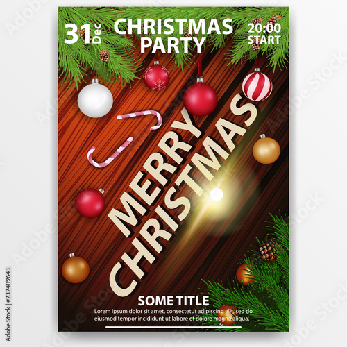 Christmas party. Modern, bright poster. Wood texture