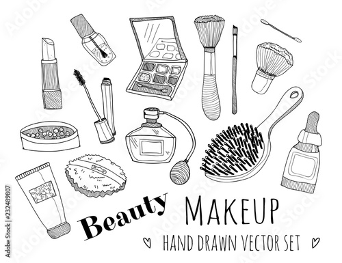 Hand drawn makeup elements. Graphic vector set