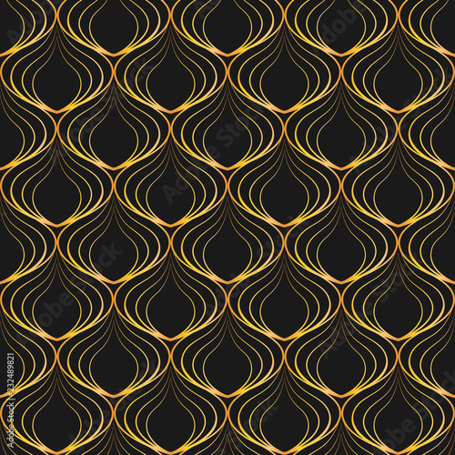 Abstract geometric seamless pattern. Wavy lines, lace. Gold on black. Vector illustration.