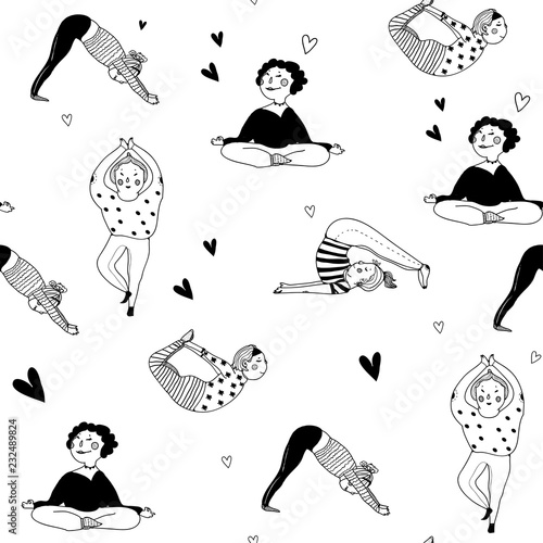 Hand drawn yoga poses. Doodle ladies. Graphic vector seamless pattern