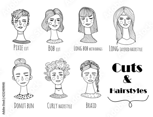 Hand drawn various hairstyles. Graphic vector set