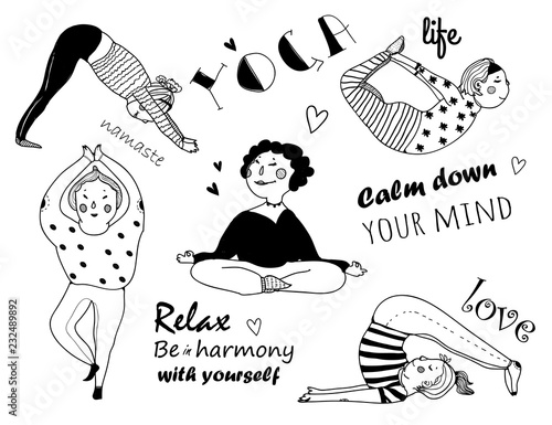 Hand drawn yoga poses. Doodle ladies. Graphic vector isolated elements