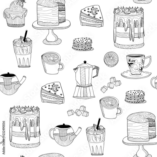 Hand drawn desserts, coffee and tea. Graphic vector seamless pattern