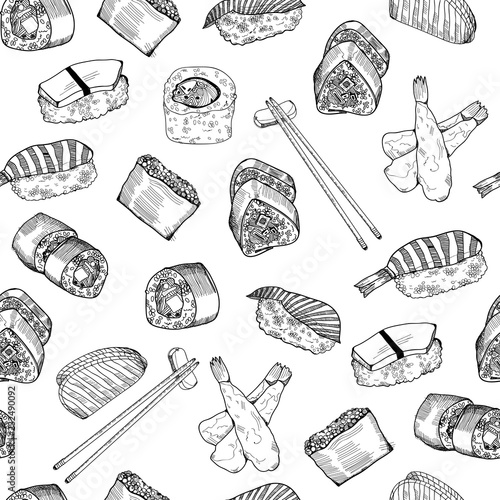 Hand drawn graphic sushi and rolls. Vector seamless pattern