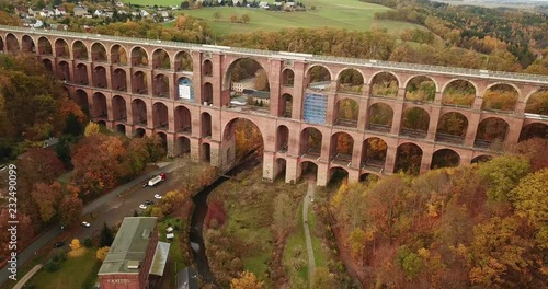 Aerial video view on the Goeltzschtalbruecke in Netzschkau Vogtland Germany largest brick bridge of the world
