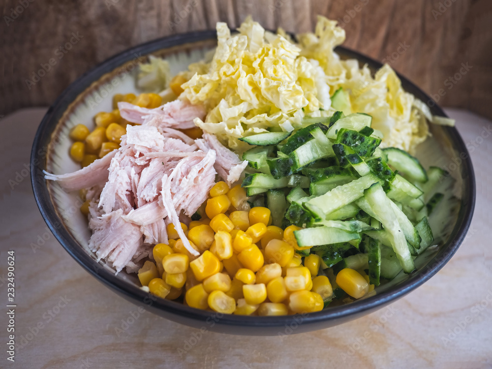 Diet salad of Peking cabbage and boiled chicken. Canned corn and fresh cucumbers and fresh greens. Diet salad of Peking cabbage and boiled chicken. Canned corn and fresh cucumbers and fresh greens.