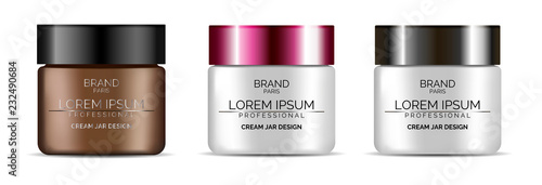 Cosmetic cream jars set. Realistic vector packaging isolated on white background. Skin care product plastic container with lid.