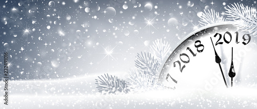  New Year's Eve 2019 Winter Celebration With Dial Clock. Vector Illustration