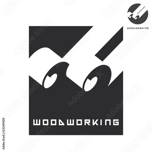 illustration consisting of several images of a planed piece of wood and the inscription "woodworking" in the form of a symbol or logo
