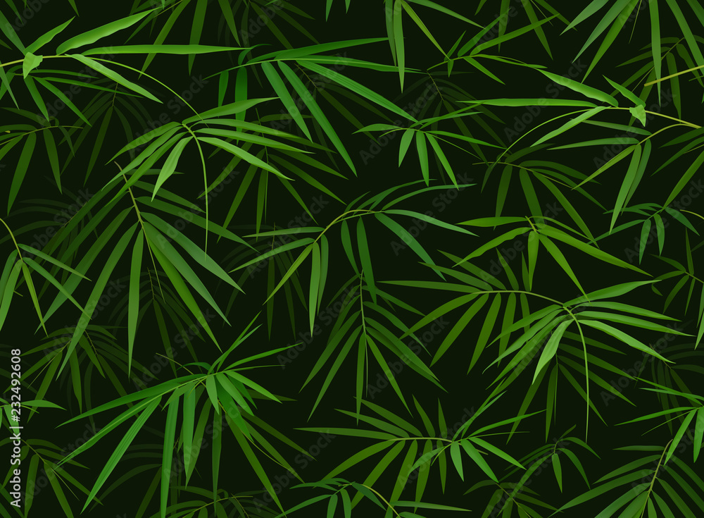 Fototapeta premium Tropical seamless pattern with green bamboo leaves on black. Realistic vector background.