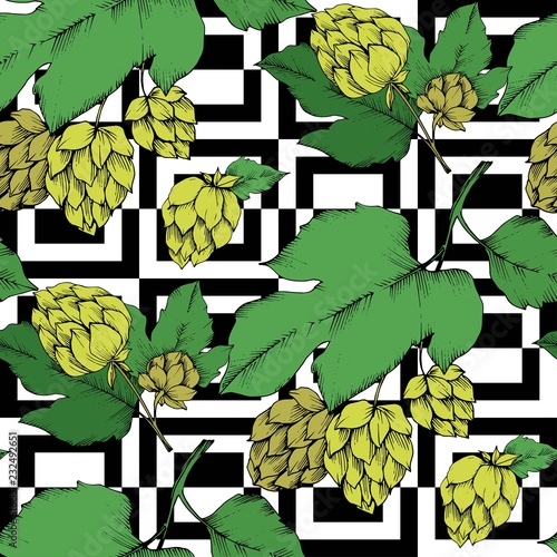 Vector. Black and white engraved humulus ink art. Green leaf. Seamless background pattern. Fabric wallpaper print texture.