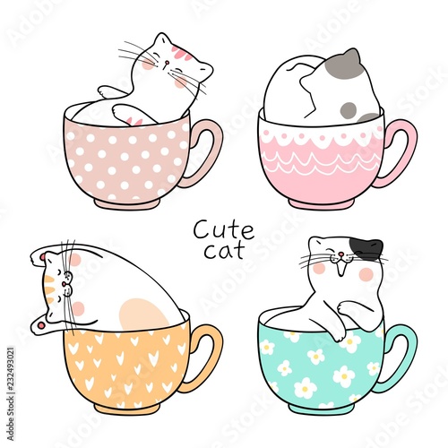Draw Cute Cat Sleeping In Cup Of Tea Stock Vector | Adobe Stock