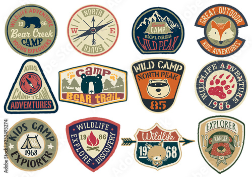 Cute vector collection of mountain camp and wildlife adventure badges for children wear print or embroidery