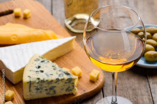 Cheese, olives and wineglass