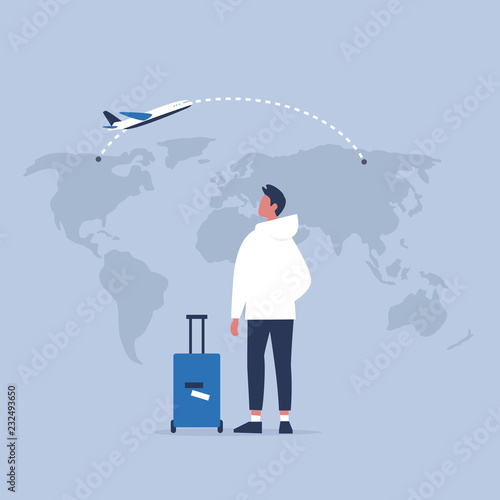 Young male traveler looking at the map, back view. Flight. Destination. Tourism. Flat editable vector illustration, clip art