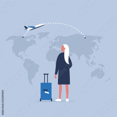 Young female traveler looking at the map, back view. Flight. Destination. Tourism. Flat editable vector illustration, clip art
