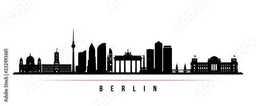 Berlin city skyline horizontal banner. Black and white silhouette of Berlin city, Germany. Vector template for your design.