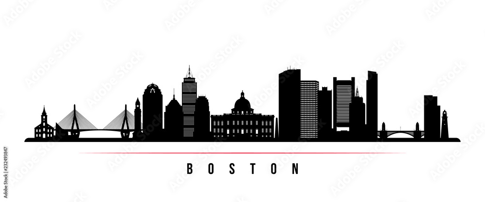 Boston city skyline horizontal banner. Black and white silhouette of Boston city, USA. Vector template for your design.